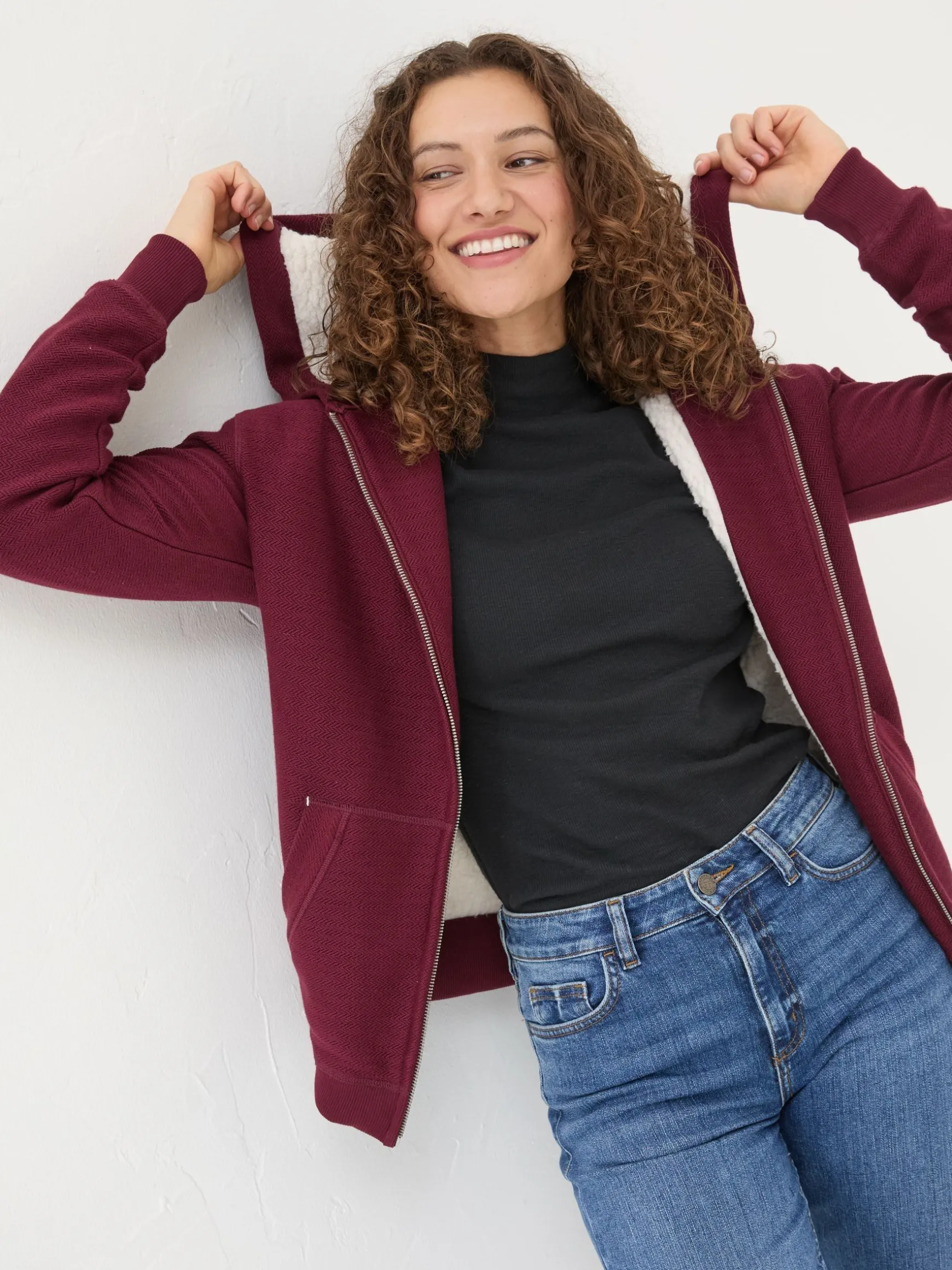 FatFace Amy Textured Borg Lined Zip Through Hoodie Dark Red Best Sale