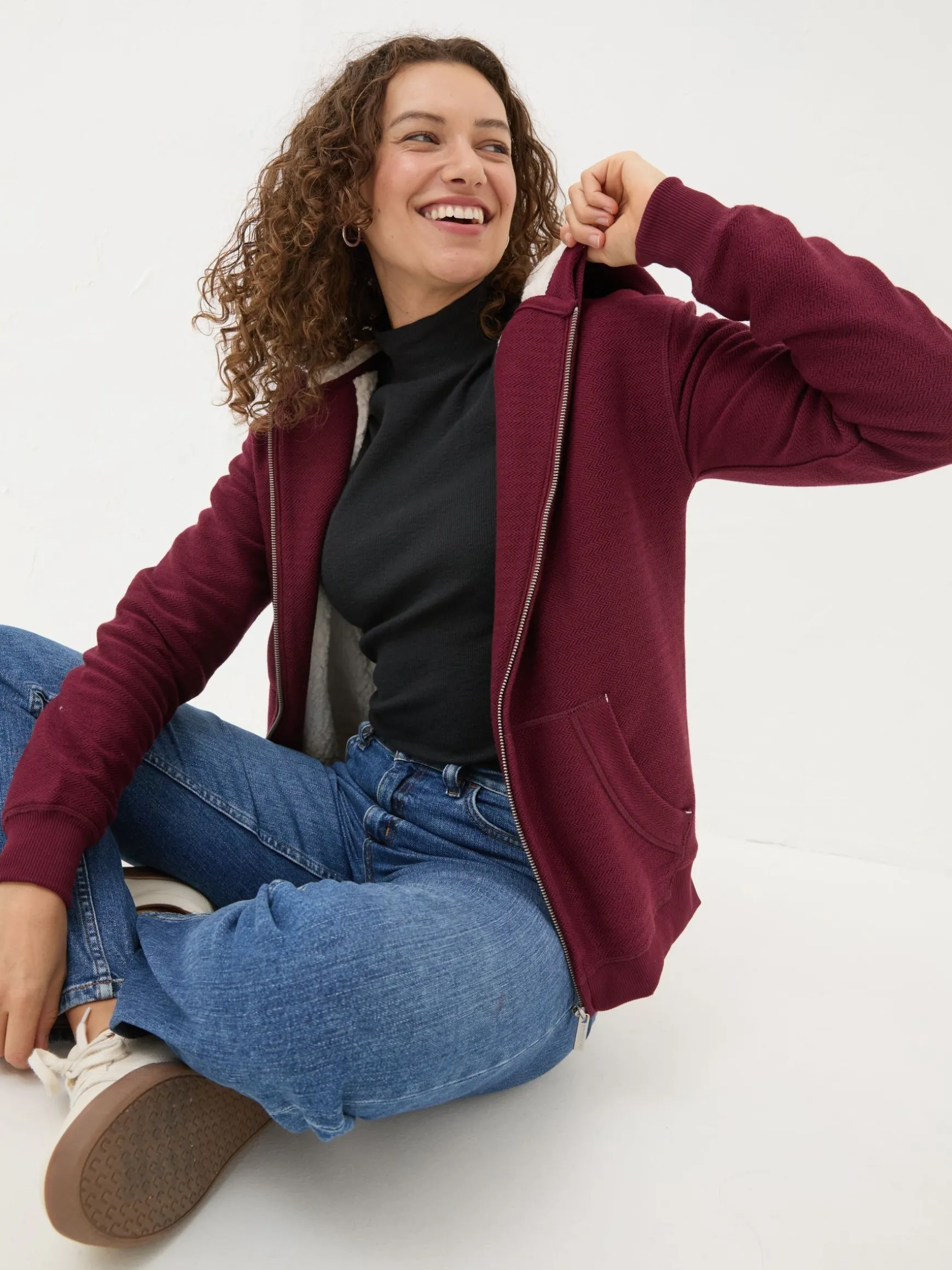 FatFace Amy Textured Borg Lined Zip Through Hoodie Dark Red Best Sale