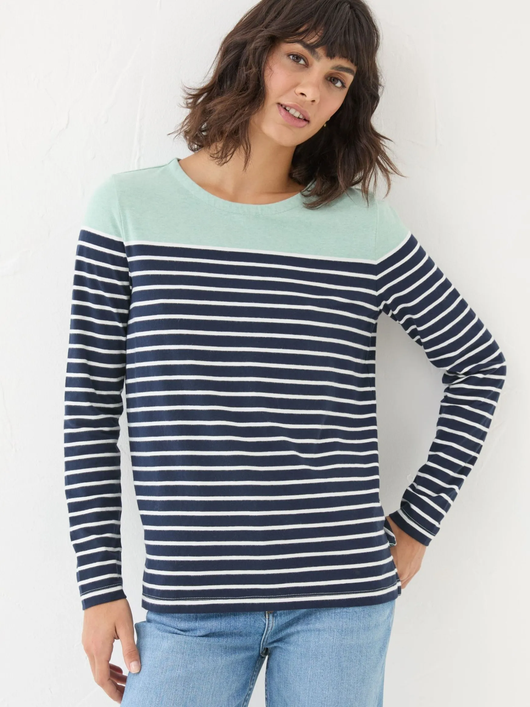 FatFace Bex Stripe Button Back Top Blue Sale