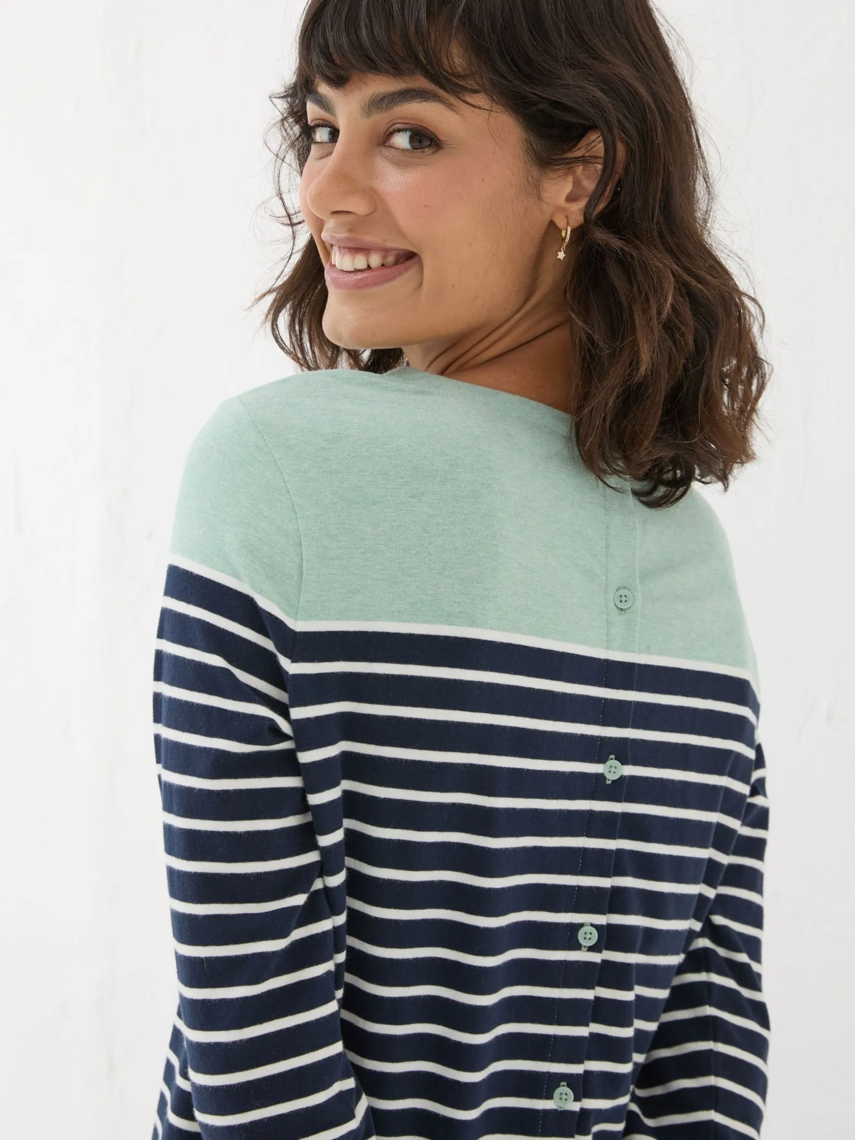 FatFace Bex Stripe Button Back Top Blue Sale