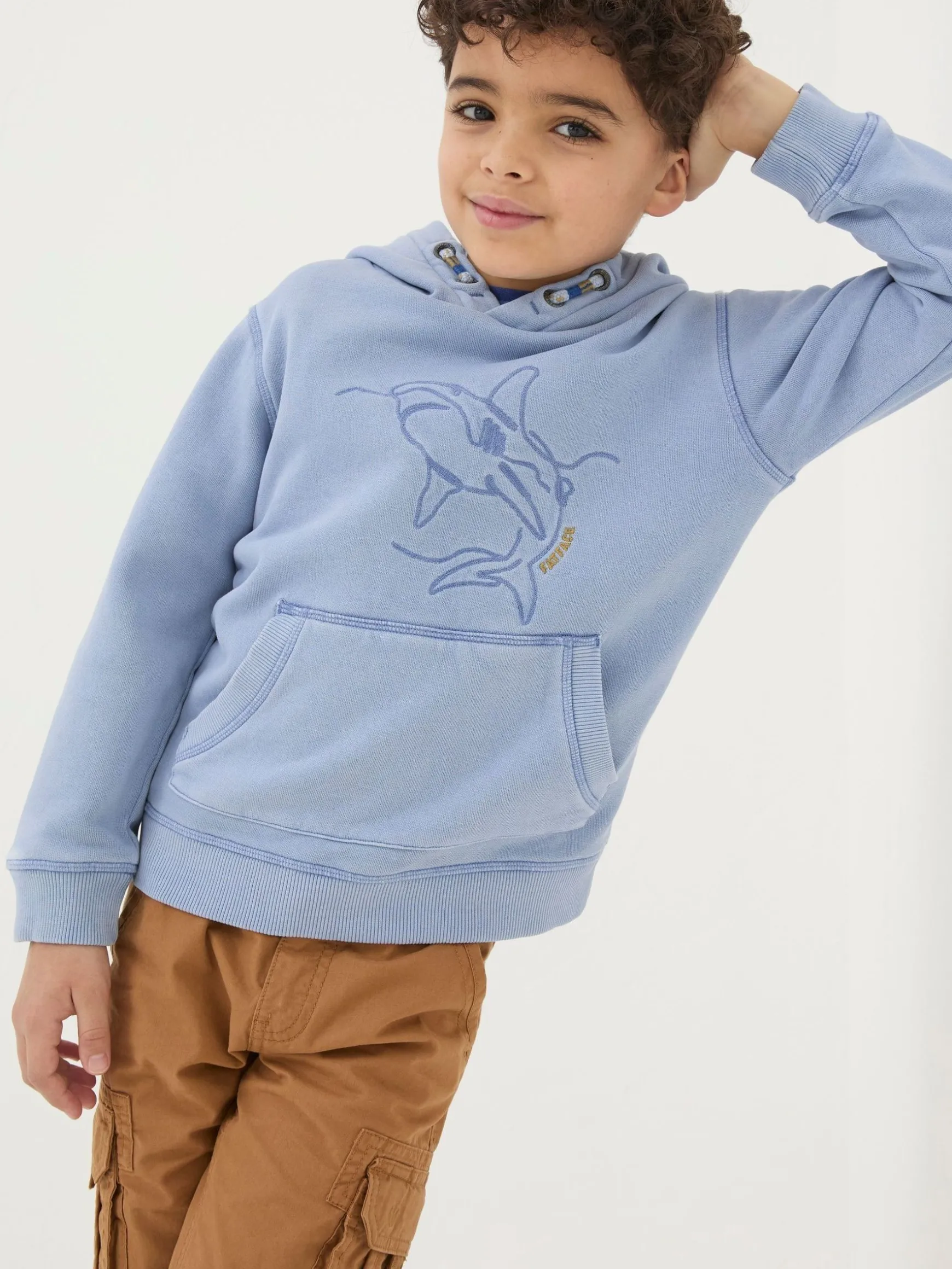 FatFace Shark Graphic Popover Hoodie Blue Outlet