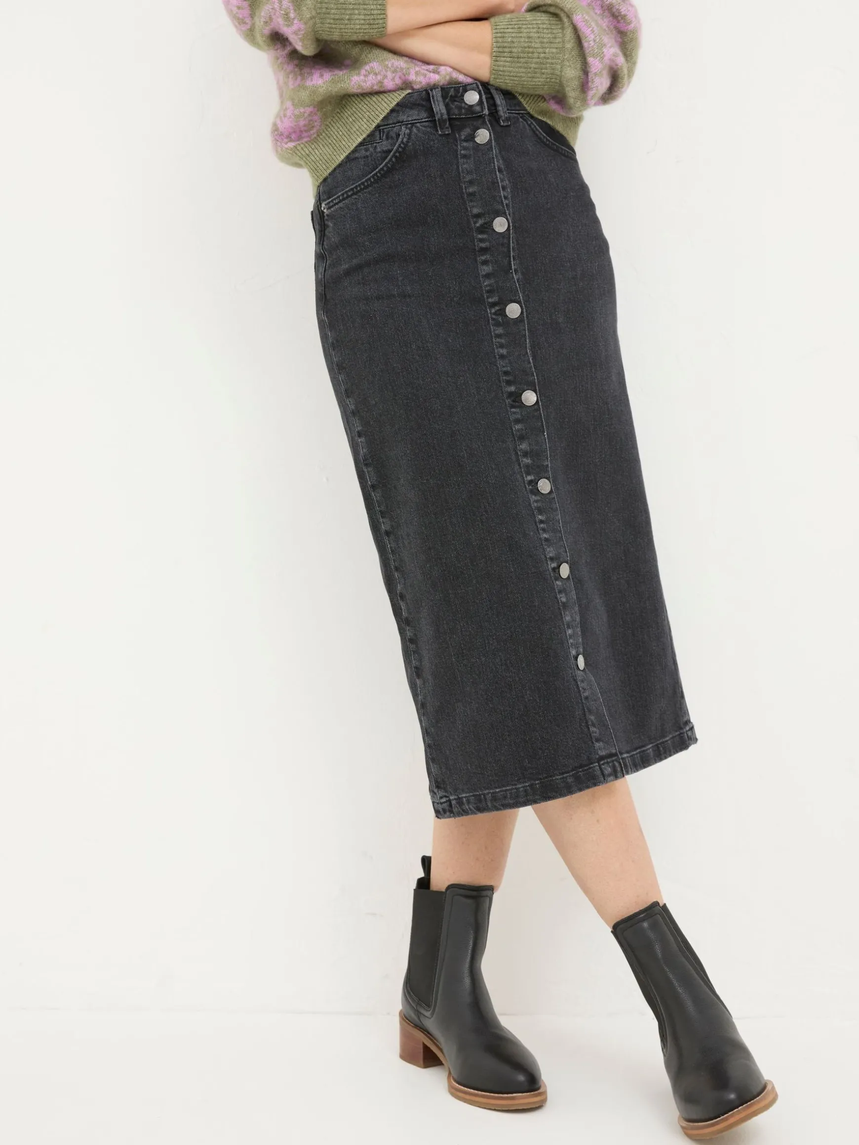FatFace Darna Denim Midi Skirt Black Discount