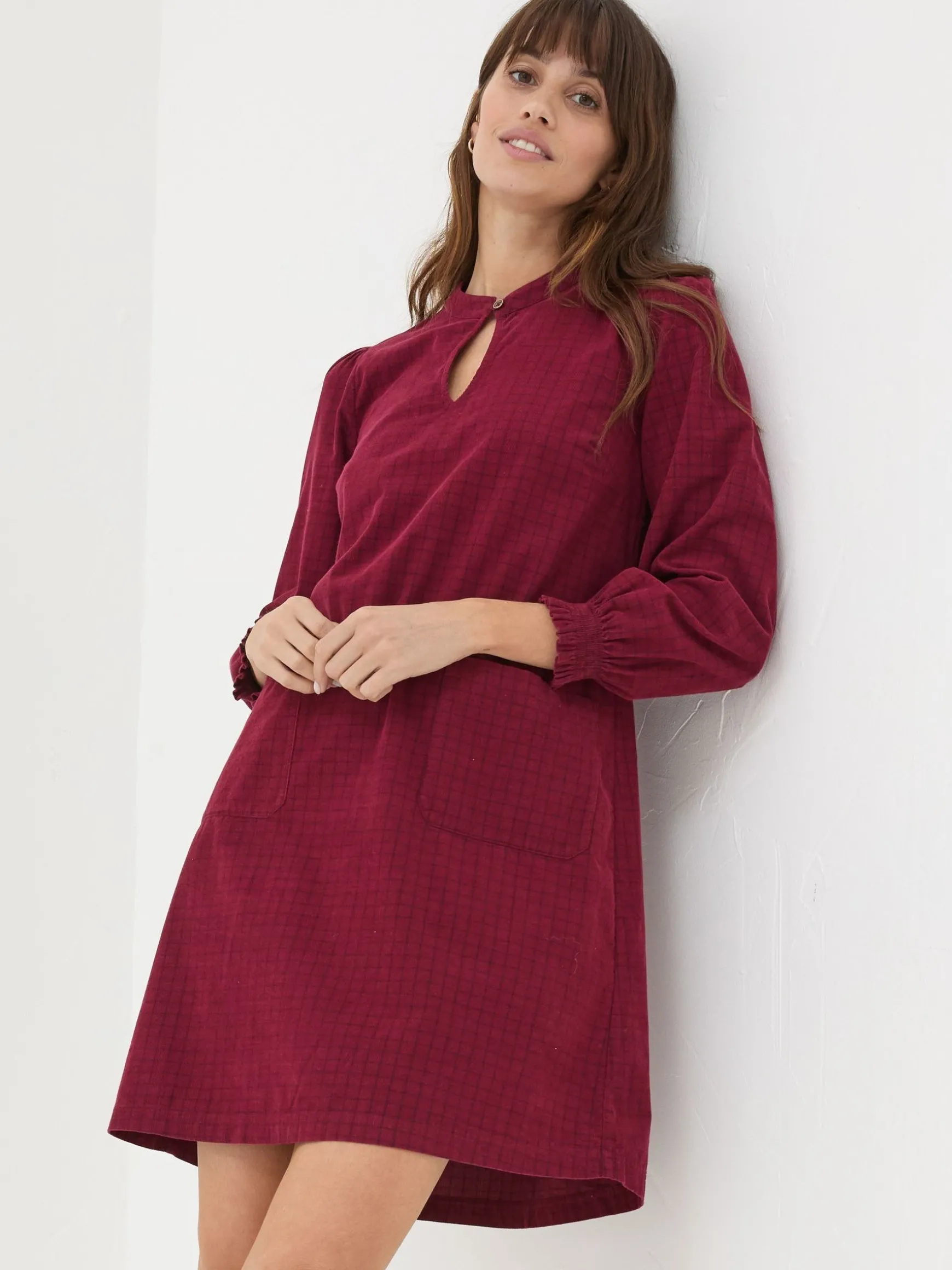 FatFace Fran Check Cord Dress Red Online