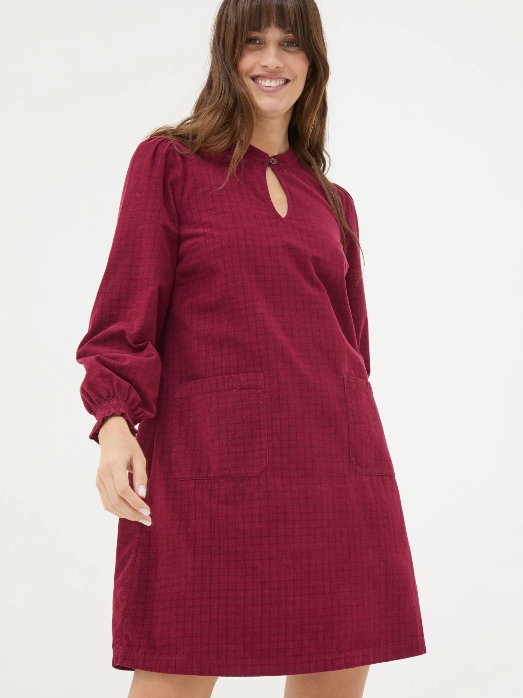 FatFace Fran Check Cord Dress Red Online