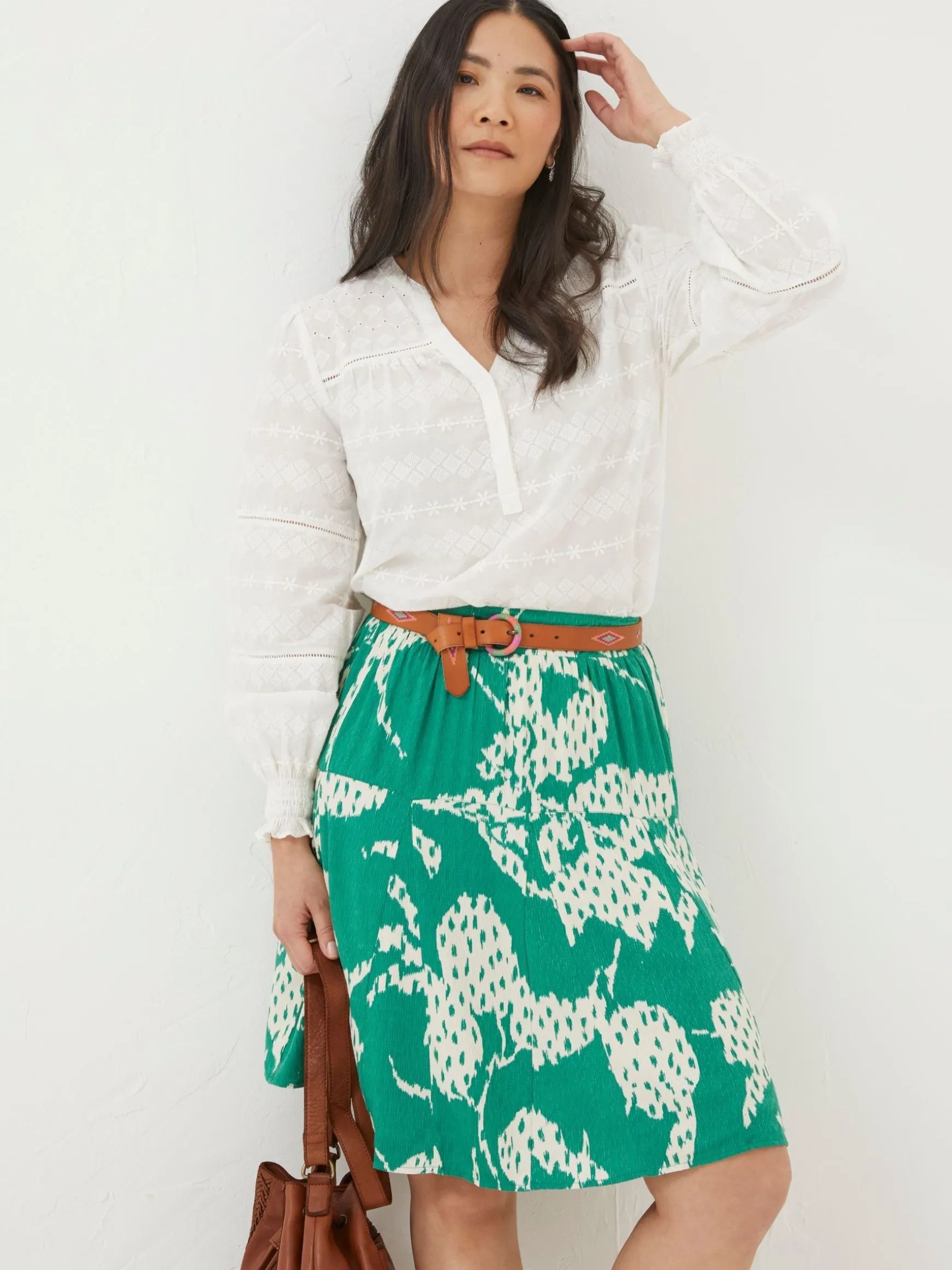 FatFace Textured Leaves Skirt Green Clearance