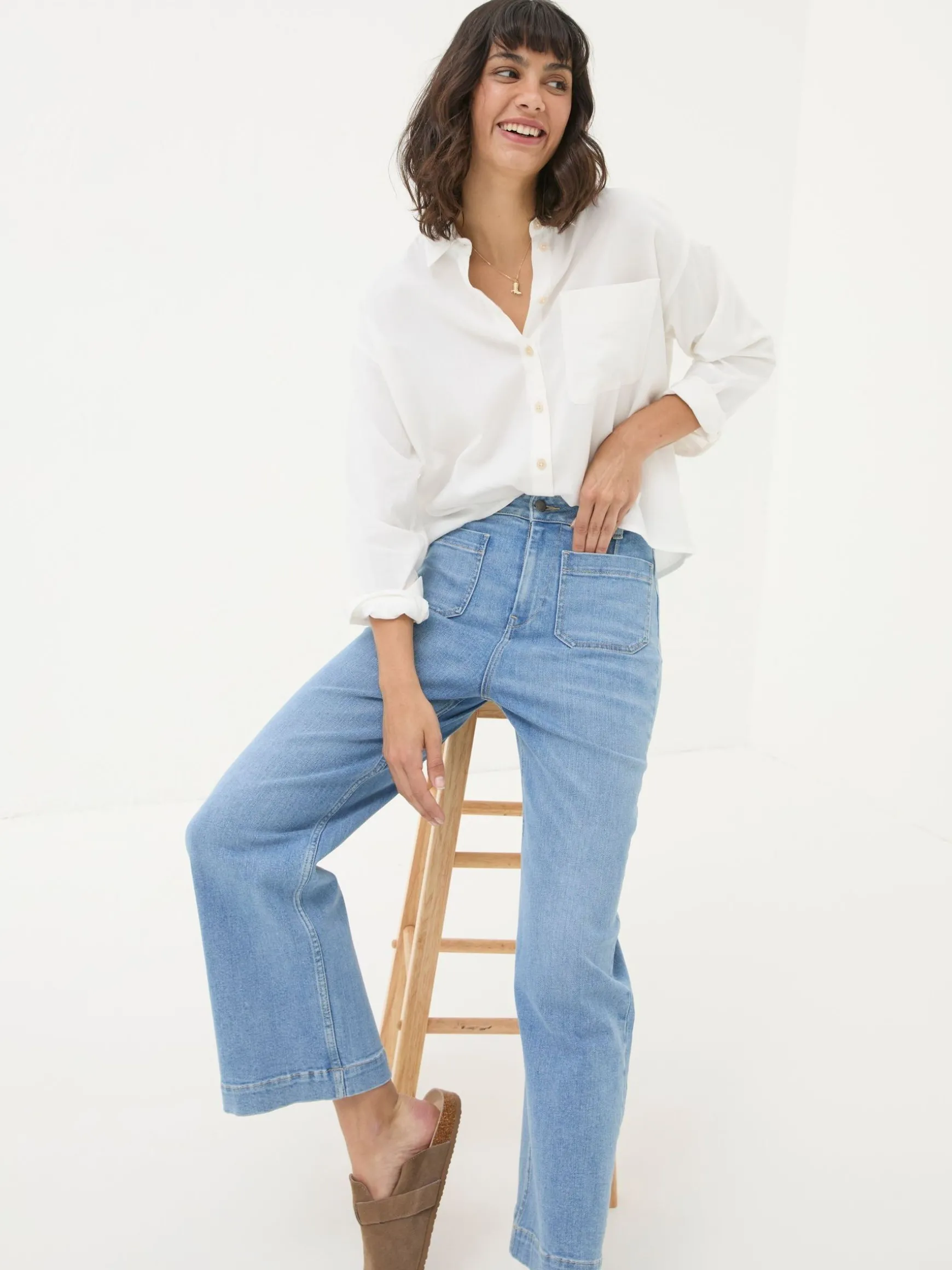 FatFace Keswick Wide Leg Crop Jeans Light Vintage Blue Cheap