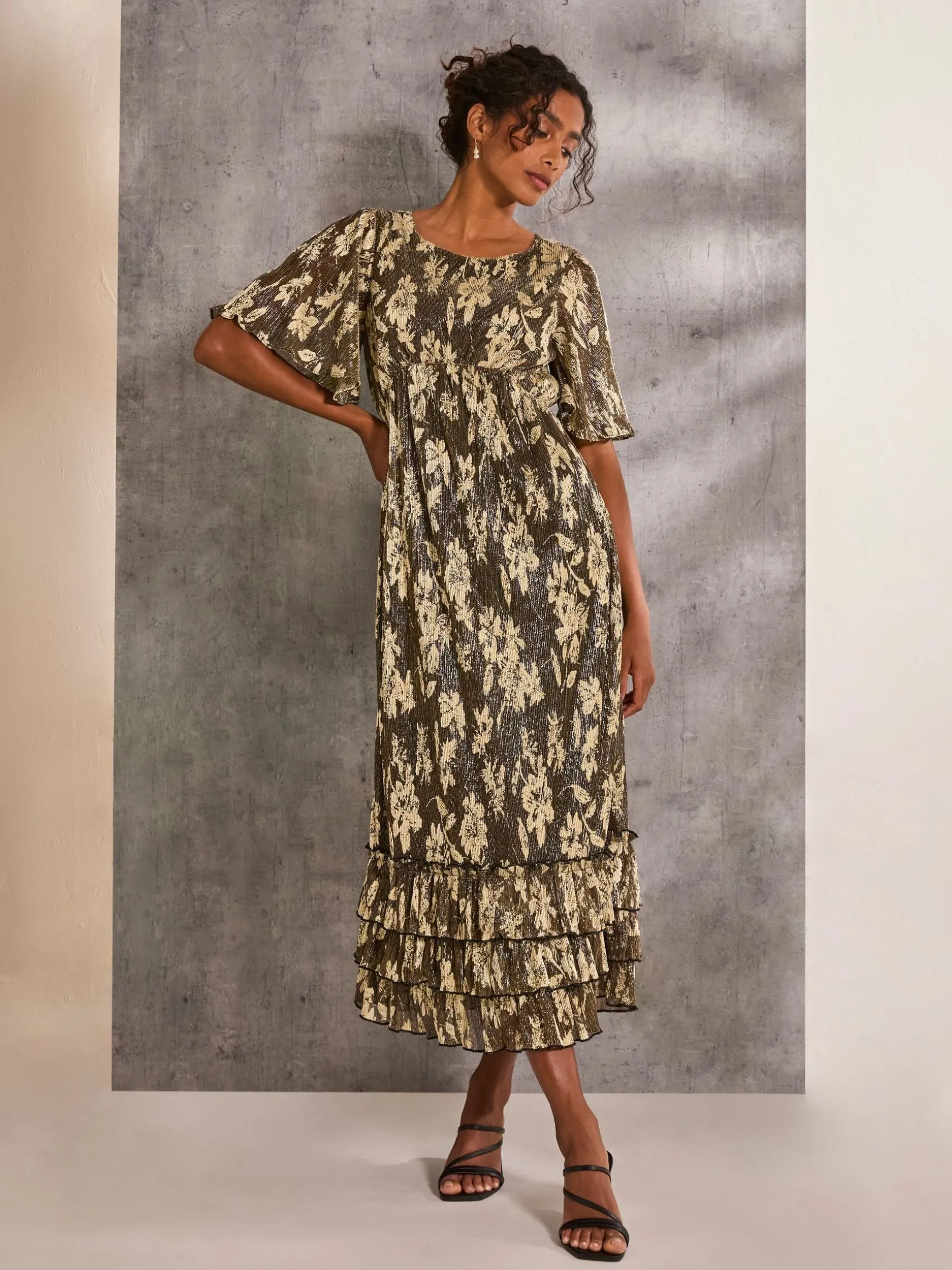FatFace Lucia Foil Plisse Maxi Dress Gold Sale