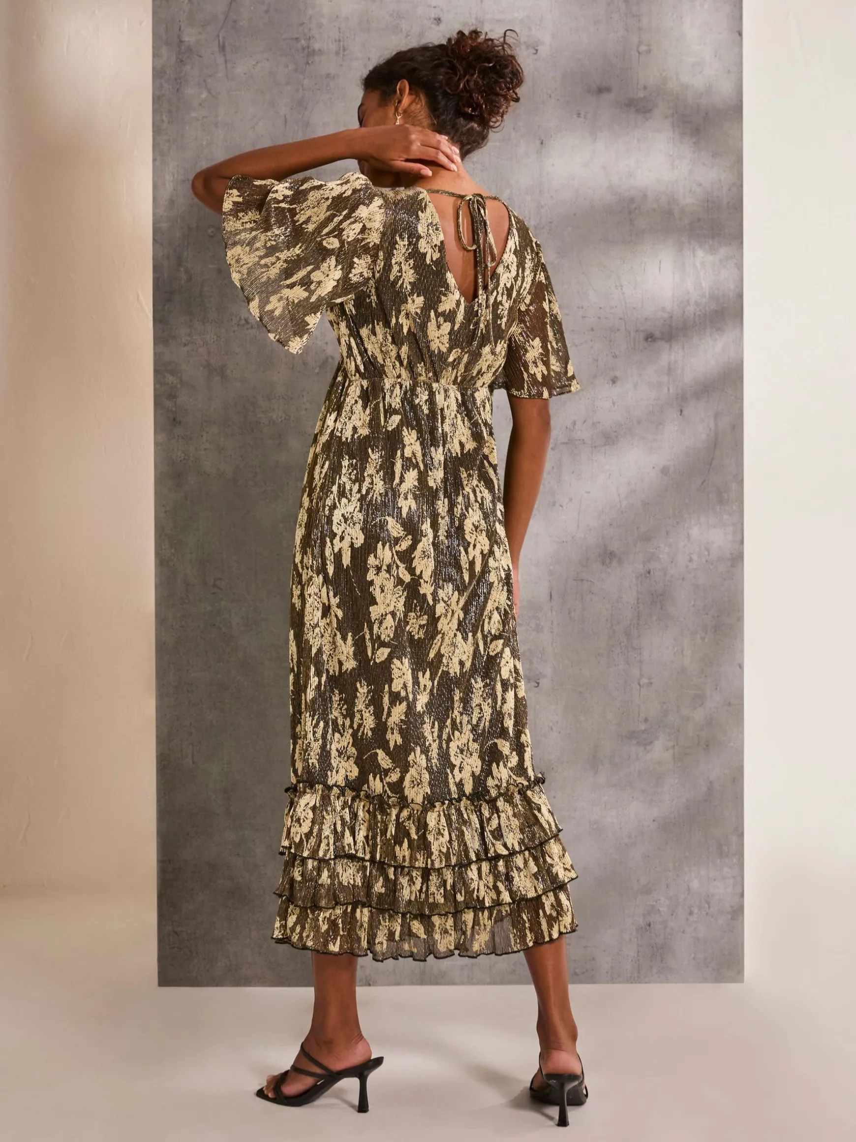 FatFace Lucia Foil Plisse Maxi Dress Gold Sale