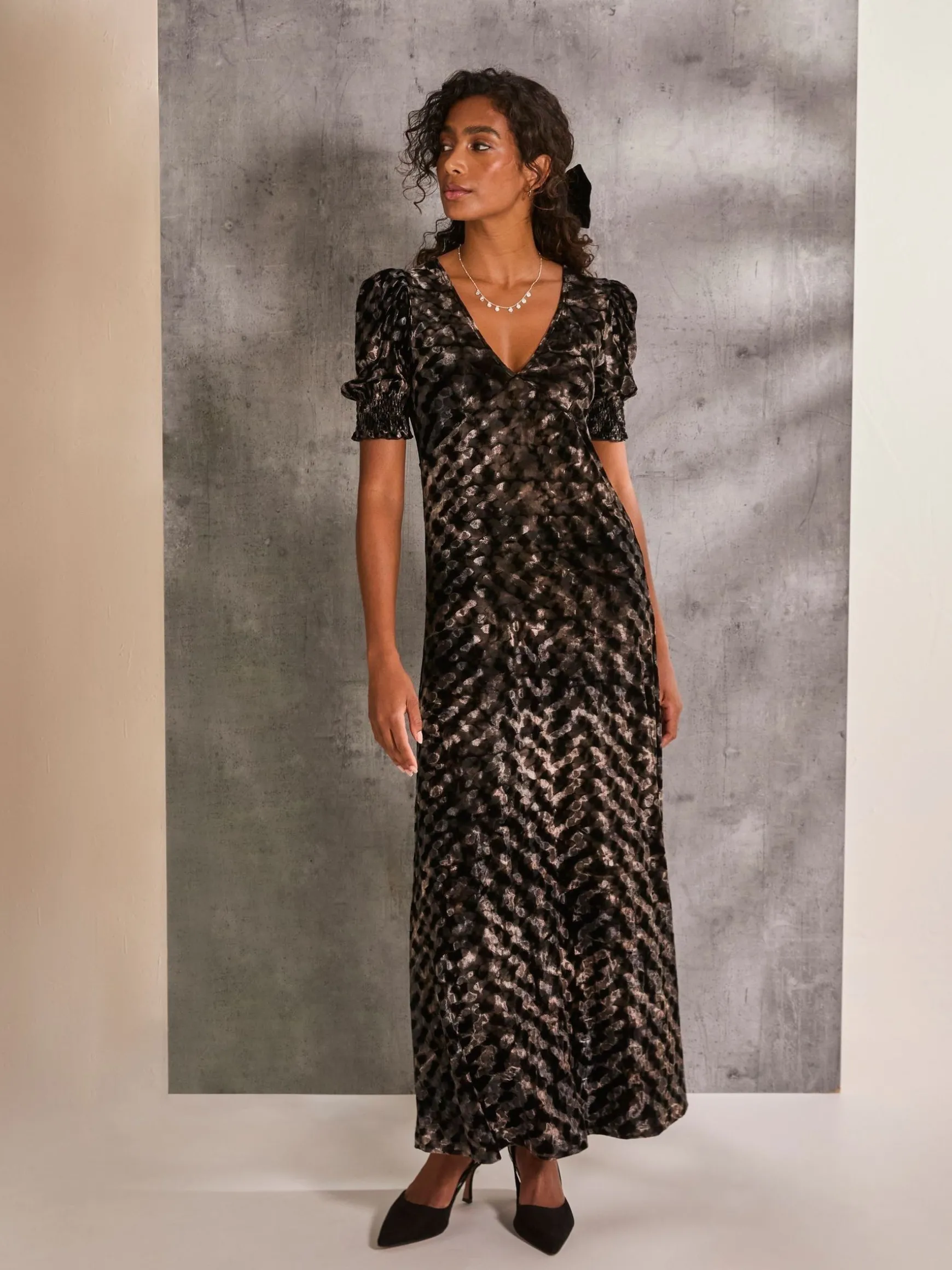 FatFace Mia Hammered Velvet Midi Dress Black Outlet