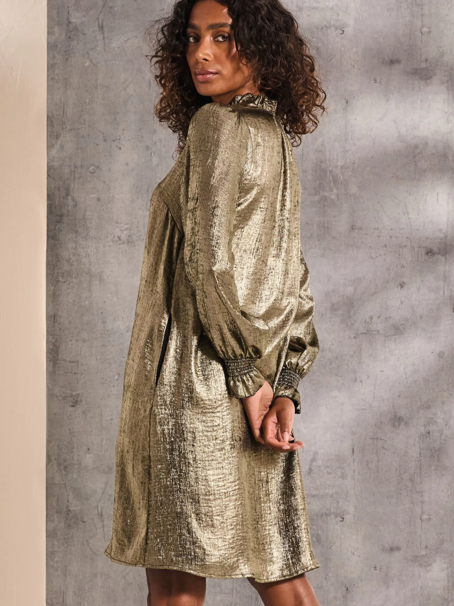 FatFace Silas Metallic Dress Gold Shop